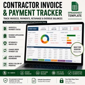 Op de afbeelding: Een digitaal spreadsheet-sjabloon voor het bijhouden van facturen en betalingen voor aannemers, weergegeven op een laptopscherm. De interface bevat financiële gegevens, een cirkeldiagram en een betalingsschema. De tekst bevat "Contractor Invoice & Payment Tracker" en "Spreadsheet Template" met iconen voor facturen, retentie en dashboards.