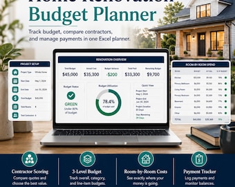 Home Renovation Budget Planer Excel Vorlage, Kostenvoranschlag und Zahlungs-Tracker