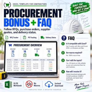 Procurement Bonus and FAQ graphic showing a purchase-order and supplier delivery tracking table, plus questions about the electrical estimating workbook and its included features.