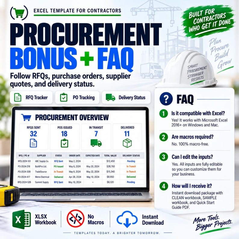 Procurement Bonus and FAQ graphic showing a purchase-order and supplier delivery tracking table, plus questions about the electrical estimating workbook and its included features.