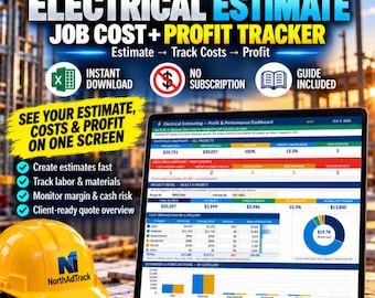 May include: An Excel template for electrical contractors displayed on a laptop screen, featuring an electrical estimate, job cost, and profit tracker dashboard. A yellow hard hat, a pen, and a measuring tape are on the desk.