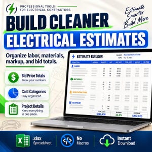 Build Cleaner Electrical Estimates graphic showing an Excel Estimate Builder with rows for labor and materials and controls for markup, bid totals, and job details.