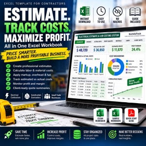 May include: An Excel template for contractors displayed on a laptop screen, featuring an electrical estimate and job costing system dashboard with charts, tables, and financial data. The screen shows text including Estimate, Track Costs, Maximize Profit.