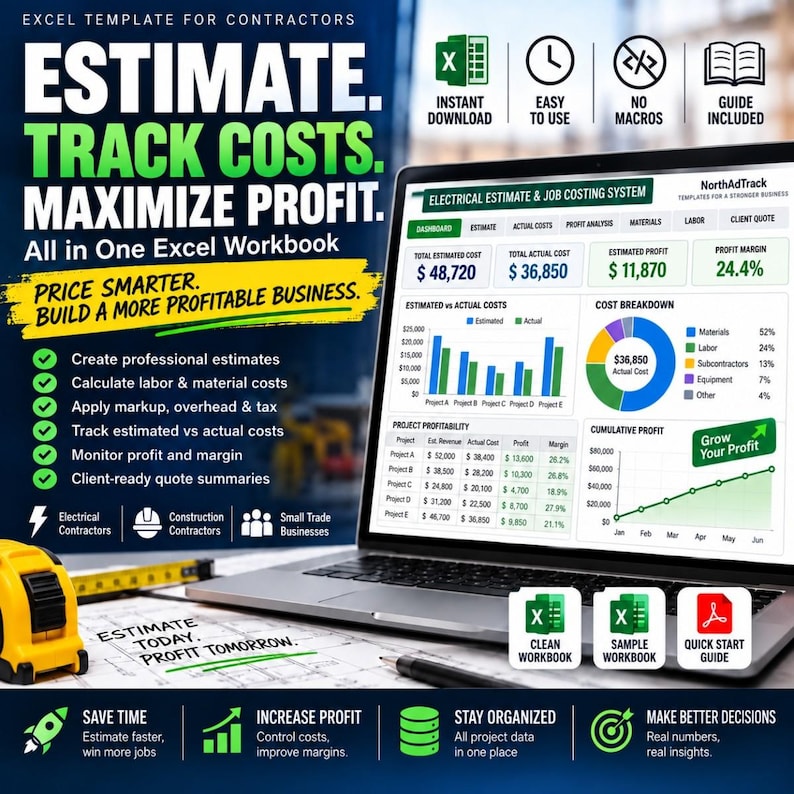Estimate, Track Costs, Maximize Profit promotional image with a laptop displaying the electrical estimating workbook's profit dashboard, project cost table, charts, and icons for Excel and Google Sheets.