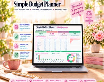 May include: A digital Simple Budget Planner spreadsheet for Excel and Google Sheets displayed on a laptop screen. The interface shows a monthly overview with tables, bar charts, and a pie chart for tracking income, expenses, and remaining budget.