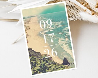 Modern Beach Postcard Save the Dates // Tropical Beach Post Card Save the Date Sand Teal Waves Minimalist