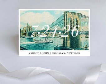 Brooklyn Bridge Save the Date Postcards // Vintage New York Post Card Save the Dates Modern Minimalist Manhattan