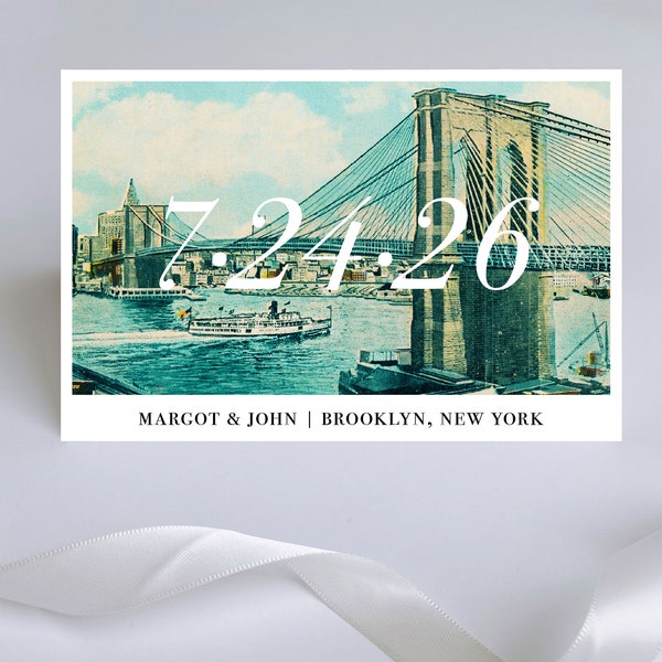 Brooklyn Bridge Save the Date Postcards // Vintage New York Post Card Save the Dates Modern Minimalist Manhattan