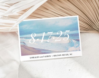 Sandy Beach Save the Date Postcards // Vintage Post Card Save the Dates Coastal Seaside Modern Waves Blue