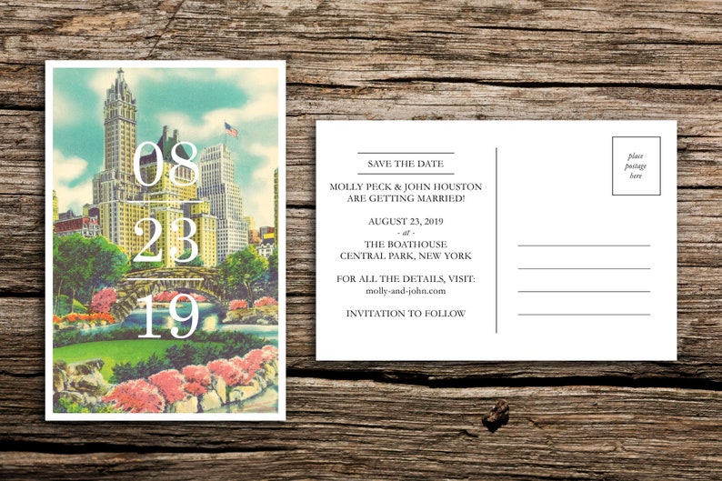 Central Park Save the Date Postcard New York City Save the Dates Vintage Manhattan Skyline Fun Unique Wedding Invitations NYC