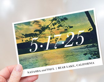 Sunset Lake Save the Date Postcards // Outdoorsy Trees Wedding Cards Forest Mountains Vintage Post Card Save the Dates