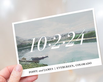 Mountain Lake Save the Date Postcards // Colorado Wedding Cards Trees Vintage Post Card Save the Dates