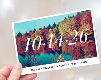 Autumn Reflection Save the Dates // Autumn Trees Postcard Lake Vintage Post Card October Woodsy Wedding