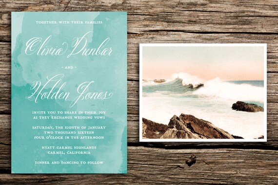 Vintage Waves Wedding Invitation Set Beach Wedding Invitations Modern Beach Wedding Coastal Watercolor Aqua Romantic Bohemian Script