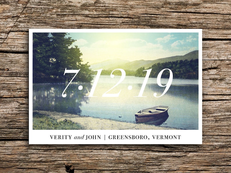 Vintage Lake Save the Date Postcard Vermont Wedding Outdoor Save the Date Boat Canoe Wedding New Hampshire New York Minnesota Wisconsin