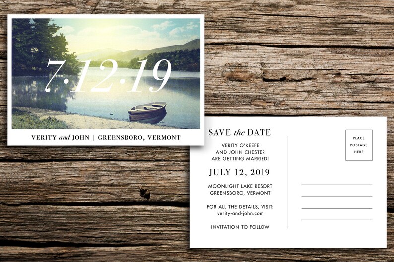 Vintage Lake Save the Date Postcard Vermont Wedding Outdoor Save the Date Boat Canoe Wedding New Hampshire New York Minnesota Wisconsin