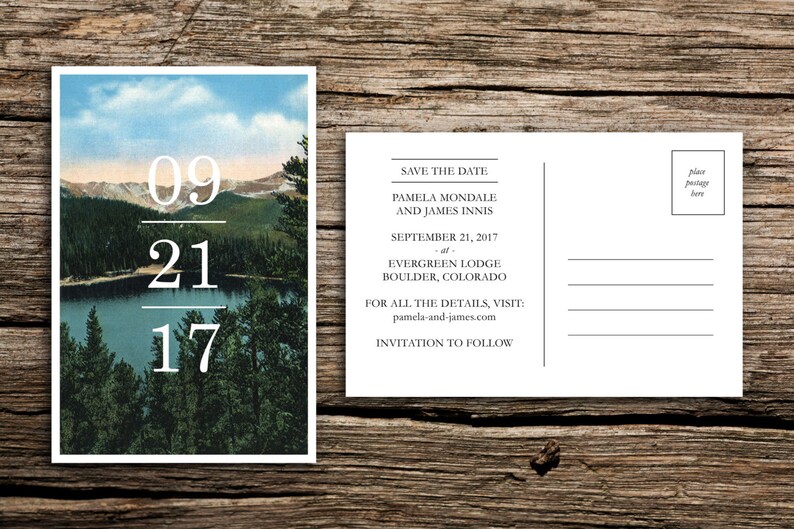Adventure Mountain Save the Date Vintage Postcard Colorado Wedding Lake Save the Date Premium Wedding Invitation North Carolina Camp