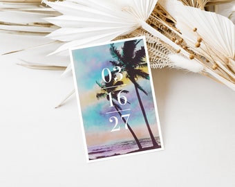 Palm Breeze Postcard Save the Dates // Tropical Beach Post Card Save the Date Florida Sunset Beach Wedding