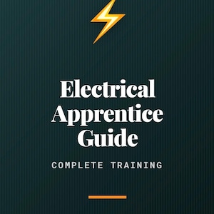 May include: A teal-colored book cover with the title "Electrical Apprentice Guide" in white, along with the text "COMPLETE TRAINING." A yellow and orange lightning bolt graphic is at the top. The bottom text reads "Master the fundamentals. Build your career."