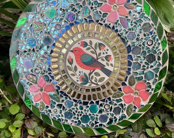 Handmade Mosaic Bird Garden Stone | 14 Inch Teal Navy and Pink Iridescent Stepping Stone, Fairy Art
