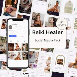 May include: A digital social media content pack for a Reiki healer, featuring a smartphone displaying a profile for VelvetFolioCo with 347 posts and 10k followers, surrounded by a collage of 30 templates with text, healing imagery, and soft colours.