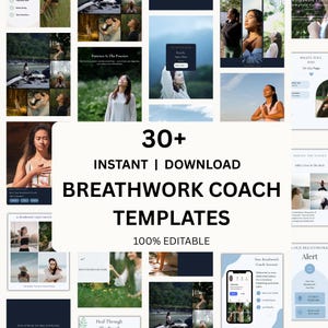 Könnte beinhalten: Eine Sammlung von über 30 digitalen Breathwork-Coach-Vorlagen mit verschiedenen Layouts, Texteinblendungen und Fotografien von Personen in der Natur. Der zentrale Text lautet 30+ INSTANT DOWNLOAD BREATHWORK COACH TEMPLATES 100% EDITABLE.