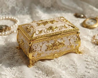 Vintage Floral Metal Jewelry Box – Ornate Gold-Tone Keepsake Treasure Chest