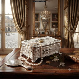 May include: A rectangular white and silver jewellery box with ornate floral relief detailing, featuring a string of white pearls draped over the top, a silver hand mirror, a small gold locket, and a silver floral brooch resting nearby.