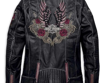 Harley-Davidson Women's Genuine Leather Motorcycle Jacket with Embroidered Wings & Roses – Black