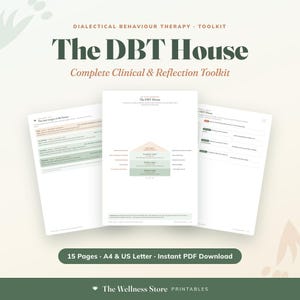 Könnte beinhalten: Ein Toolkit für dialektisch-behaviorale Therapie mit dem Titel The DBT House, bestehend aus drei druckbaren Seiten mit klinischen Übungen und Reflexionsaufgaben. Die Dokumente enthalten ein Hausdiagramm, Stufenbeschreibungen und Formulare.