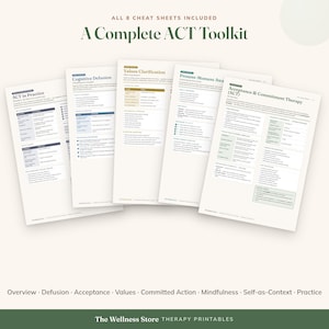 May include: A set of eight white paper cheat sheets titled A Complete ACT Toolkit. The documents feature black text and colored headers detailing Acceptance and Commitment Therapy concepts including Cognitive Defusion and Values Clarification.