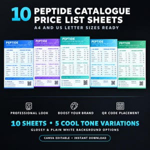 May include: Ten peptide catalogue price list sheets in A4 and US letter sizes. The design features five cool tone variations with columns for lab grade and research peptides, contact information, and QR code placement. Editable digital templates.