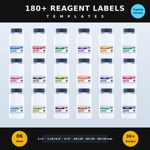 Puede incluir: Una colección digital de más de 180 plantillas de etiquetas de reactivos para frascos de laboratorio. El gráfico muestra 18 frascos blancos con etiquetas de colores con nombres químicos como TRIS-HCI, PBS 10X y EDTA, con dimensiones de 40x20, 40x30 y 50x30 mm.