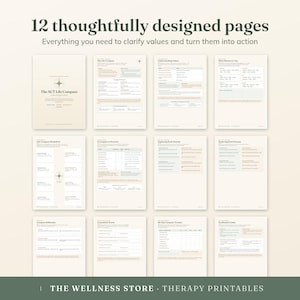 May include: A set of 12 printed pages titled The ACT Life Compass, featuring worksheets for clarifying values and taking action. The pages include sections for Life Compass, Understanding Values, What Matters to You, and a 30-Day Compass Tracker.