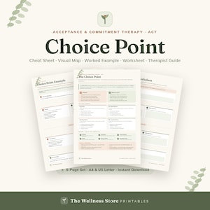 Könnte beinhalten: Ein fünfseitiges, druckbares Set zum Choice Point der Akzeptanz- und Commitment-Therapie, bestehend aus Spickzettel, visueller Karte, Beispiel, Arbeitsblatt und Therapeutenleitfaden. Schwarzer und salbeigrüner Text auf cremefarbenem Grund.