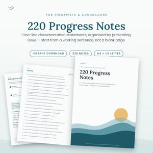 Może przedstawiać: Cyfrowy zestaw dokumentów zatytułowany 220 Progress Notes for Therapists & Counsellors, zawierający jednowierszowe oświadczenia dokumentacyjne. Strony zawierają tekst o lęku i notatki z sesji oraz projekt z żółtym słońcem nad niebieskimi falami.