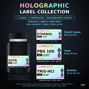 Może przedstawiać: Kolekcja holograficznych etykiet z szablonami odczynników laboratoryjnych do probówek, fiolek i butelek. Etykiety zawierają tekst, taki jak ETHANOL, PBS 10X i TRIS-HCI, o wymiarach odpowiednio 40x20 mm, 40x30 mm oraz 50x30 mm.