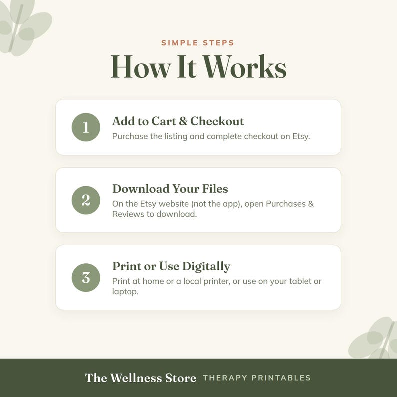 Peut inclure: Un graphique p&eacute;dagogique intitul&eacute; Simple Steps How It Works avec trois &eacute;tapes num&eacute;rot&eacute;es dans des cercles vert sauge. &Eacute;tape 1 : Add to Cart & Checkout. &Eacute;tape 2 : Download Your Files. &Eacute;tape 3 : Print or Use Digitally. Le texte en bas indique The Wellness Store THERAPY PRINTABLES.