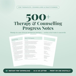 Puede incluir: Un conjunto de documentos digitales titulado 500+ Therapy & Counselling Progress Notes para terapeutas y profesionales. Incluye frases clínicas listas para usar, con secciones sobre trastornos alimentarios y regulación del estado de ánimo bipolar.