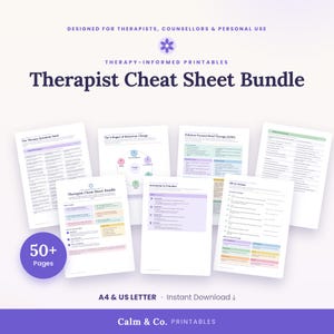 May include: A digital bundle of therapy-informed printables titled Therapist Cheat Sheet Bundle, featuring over 50 pages of resources for therapists and counselors. The documents include charts, lists, and diagrams in A4 and US Letter sizes.