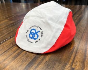 Vtg Expo 86 Vancouver World Exposition Flat Cap Hat Red White Cotton 57cm