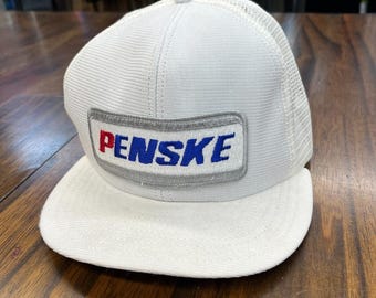 Vtg Penske Racing Trucker Hat White Mesh Snapback Cap Tufkap Made in USA 80s