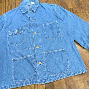 Casaco vintage Carhartt azul jeans estilo utilitário com botões estampados, anos 70, tamanho G