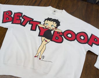 Sudadera vintage de Betty Boop con estampado grande, cuello redondo, talla única, color blanco, fabricada en EE. UU., años 90, de 1993.
