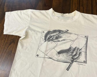 Vtg 91 M.C. Escher "DRAWING HANDS" T-Shirt L White