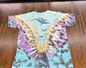 Vintage 90-tals Liquid Blue Ocean Dolphin T-shirt XL AOP John Connell Tie Dye Singel
