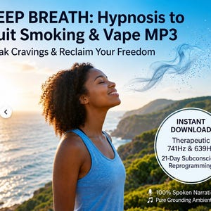 Könnte beinhalten: Digitale MP3-Datei mit dem Titel DEEP BREATH: Hypnosis to Quit Smoking & Vape MP3, Break Cravings & Reclaim Your Freedom. Das Bild zeigt eine Person, die blauen Rauch ausatmet, sowie Text zu Sofort-Download, 741Hz & 639Hz und 21-Tage-Programmierung.