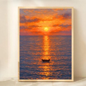 Sonnenuntergang Ozean Leinwanddruck, Boot Seelandschaft Küstenwandkunst