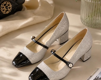 Silver Glitter Mary Jane Heels, Cowhide Leather Cap Toe Pumps, Pearl Strap Block Heel Shoes, 1.57 Inch Heel, Wedding Guest Party Dress Pumps