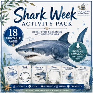 May include: A Shark Week Activity Pack with 18 printable pages. The cover features a watercolor illustration of a shark. Includes ocean STEM and learning activities for kids. The pack includes a fact file, life cycle, observation journal, and word search.